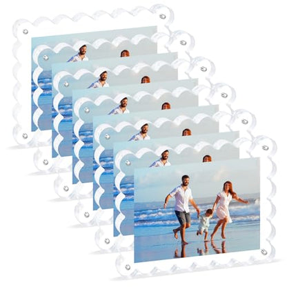 6Pack Acrylic Magnetic Photo Frame 5x7 Inch - Sleek Scalloped Design, 10+10mm Thick Crystal Clear Block, Freestanding Double-Sided Magnet |Trendy Home Gift (6 Pack, 5X7) - color: 6 Pack, size: 5X7