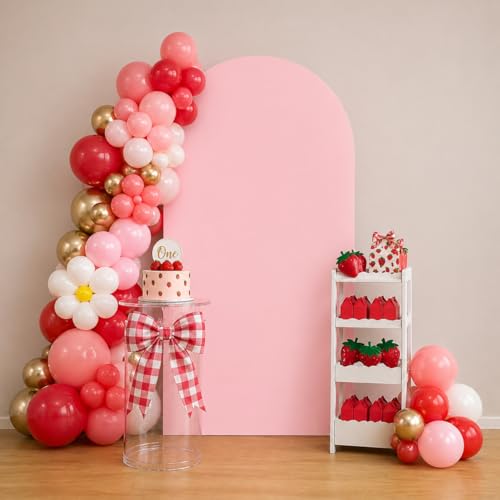Red Plaids Sweet Strawberries Arch Backdrop Cover Double-Sided Arch Stretchy Cover Berry First Pink Birthday Party Girls Baby Shower Parties Decors (3X5ft,3287AA) - color: 3287AA, size: 3X5ft