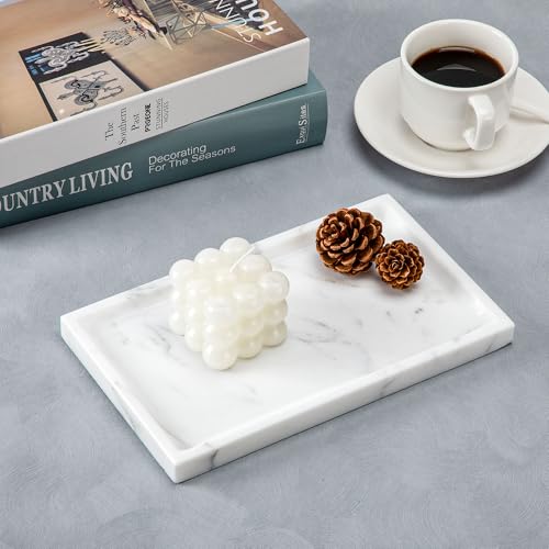 Natural Marble Tray for Home Decor Bathroom Kitchen Vanity Dresser Genuine Marble Storage Tray for Cosmetics/Jewelry Non-Resin/Non-Ceramic 9.8"*6" - color: White