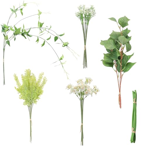 Floroom Artificial Greenery Stems Box Set, 35pcs with 5 Kinds of Faux Greenery Flowers Picks for DIY Bridal Bouquets Wedding Floral Arrangement Table Centerpieces, Light Green & White - color: Light Green & White