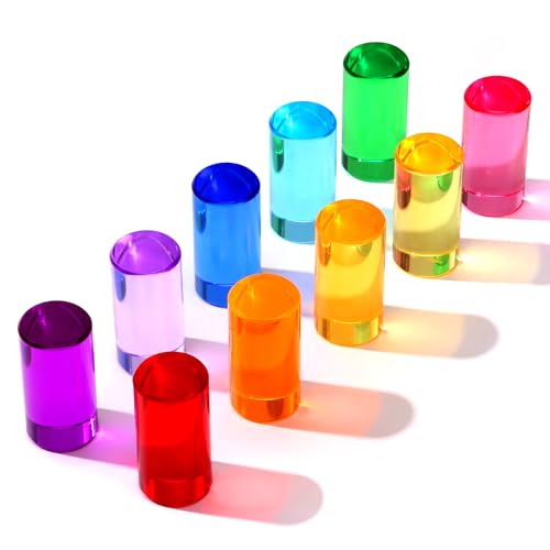 10 PCS Rainbow Acrylic Blocks, Crystal Lucite Gem Cubes for Kids, Highly Transparent Colored Acrylic Cylinder Building Blocks, Educational Sensory Learning Toys