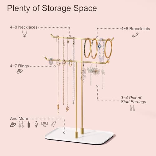 bussdis Gold Jewelry Organizer Necklace Holder Stand: 2-Tier T-Bar Display with White Metal Tray, Holds Necklaces Bracelets Earrings, Countertop Jewelry Tree - color: Gold, size: 12.5" Height
