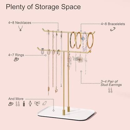 bussdis Gold Jewelry Organizer Necklace Holder Stand: 2-Tier T-Bar Display with White Metal Tray, Holds Necklaces Bracelets Earrings, Countertop Jewelry Tree - color: Gold, size: 12.5" Height