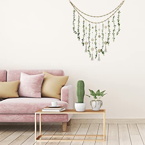 Hanging Eucalyptus Boho Wall Decor Large Boho Bedroom Wall Hanging Wooden Bead Garland Artificial Eucalyptus Natural Greenery Decoration, 36 x 36 Inch (Simple Color, Wood Chip Style)