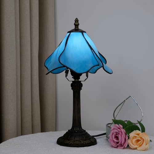 Tiffany Stained Glass Small Table lamp Cute and Unique Bedside Table Bedroom and Kitchen countertop Decorative Table lamp, Blue Floral Style - color: Tiffany Lamp Q