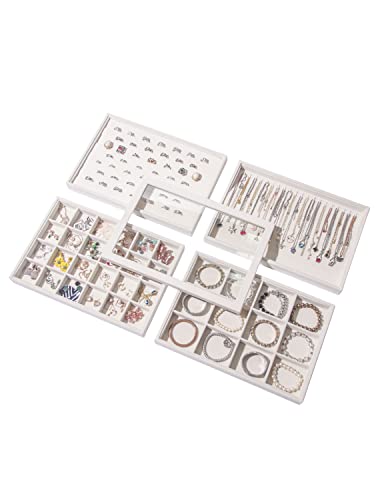 Coward Set of 5 Stackable Jewelry Organizer Tray Necklace Earring Box Storage Ring Bracelet Display Holder (beige(ring+necklace+12girds+24girds+The glass lid)) - color: Beige Velvet, size: Ring+Necklace+12Grids+24Grids+Lid