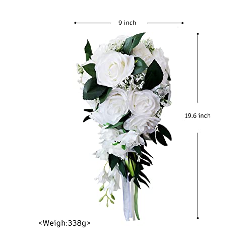 9 Inch Cascading Waterfall Wedding Bouquet for Bride & Bridesmaids, Artificial Rose Flowers Rustic Romantic Tossing Bouquet for Ceremony (White)