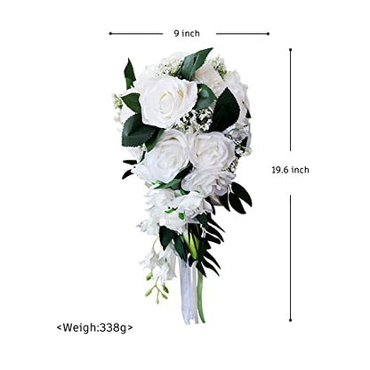 9 Inch Cascading Waterfall Wedding Bouquet for Bride & Bridesmaids, Artificial Rose Flowers Rustic Romantic Tossing Bouquet for Ceremony (White)