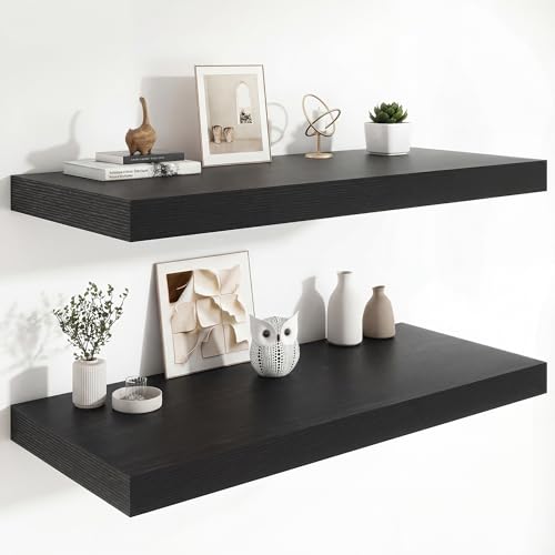 Heimlove 12" Deep Floating Shelves, 36 x 12 Inch Wall Mounted Long Floating Shelf with Invisible Brackets, for Home Decor, Bedroom, Kitchen, Living Room, Bathroom - 2 Pack, Black - color: Black, size: 36"W x 12"D x 2"H, Set of 2