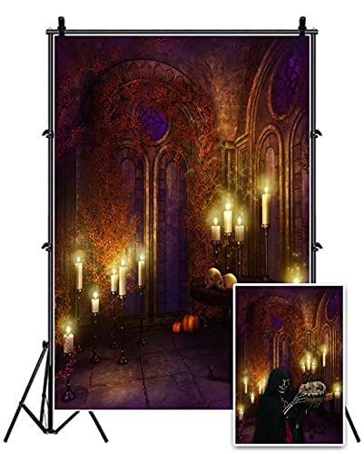 AOFOTO 3x5ft Vintage Gothic Room Background Scary Skull Photography Backdrop Interior Candles Vines Girl Boy Child Kid Lovers Portrait Halloween Photo Studio Props Video Drape Wallpaper - size: 3x5ft