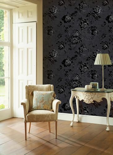 Gothic Rose Wallpaper – Black Floral Textured Peel and Stick Wallpaper, Self-Adhesive Vinyl for Home Decor, 17.7in x 236in - size: 17.7" x 236"