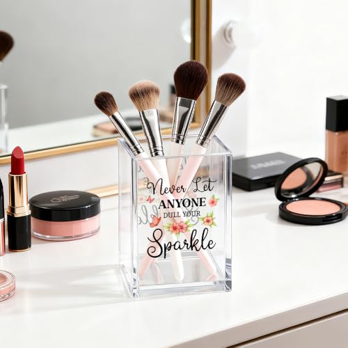 Never Let Anyone Dull You Sparkle Acrylic Cosmetic Organizer Pen Holder, Motivational Acrylic Desk Holder Cup for Pen Pencil, Inspirational Office Gifts for Women Coworker Femal Leader Bestie