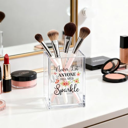 Never Let Anyone Dull You Sparkle Acrylic Cosmetic Organizer Pen Holder, Motivational Acrylic Desk Holder Cup for Pen Pencil, Inspirational Office Gifts for Women Coworker Femal Leader Bestie