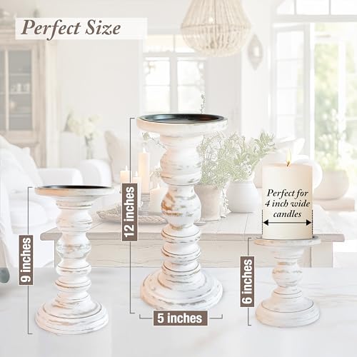 Large Candle Holders for Pillar Candles (3 Piece Set) Tall Rustic Wood Farmhouse Pillar Candlestick Stands - Fits 4 inch inch Wide Pillar Candles - Modern Candle Holder Decor (Antique White) - color: Antique White