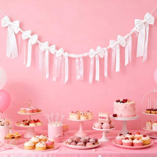 White Satin Bow Garland Banner Coquette Bachelorette Party Decor,Bridal Shower Backdrop,Wedding & Engagement Party Supplies,Birthday Decoration,Photo Booth Props(White) - color: White