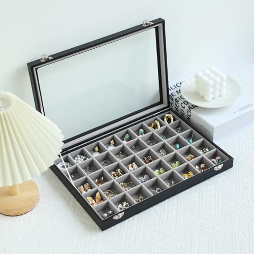 Stratalife Jewelry Organizer 40 Grid Gray Black Jewelry Tray with Clear Dust-proof Lid Velvet Earring Organizer Necklace Rings Holder Display Drawer Storage Case for Women - color: Gray-Black, size: 40 Grid