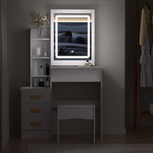 Vanity Desk with Mirror and Lights,Makeup Vanity with Extra Hidden Stroage,Makeup Desk with 4 Drawers 7 Open Shelves,Dressing Table for Bedroom,3 Color Light Modes,Small Vanity Desk（US Fast Arrival）