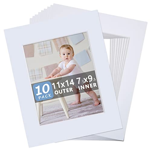 Somime 10 Pack Pre-Cut 11 x 14 White Picture Mats for 8x10 Photos - White Core Bevel Cut Frame Matte, Acid Free, Ideal for Frames/Artwork/Prints - size: 11x14 10pack white mat for 8x10