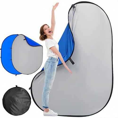 5 * 6.5 Ft Collapsible Backdrop Gray Blue Pop Up Screen with Carrying Bag, Double Sided Foldable Backdrop Portable Background for Photography Auditions Headshots Gaming Streaming Video Calls - color: Gray Blue