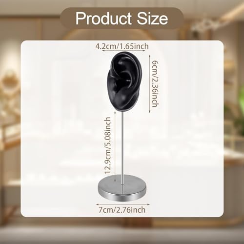 Silicone Ear Model Earring Jewelry Display Teaching Tool Prop Stainless Steel Holder Stand for Retails Girls Women Photos, Black Left