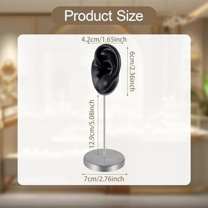 Silicone Ear Model Earring Jewelry Display Teaching Tool Prop Stainless Steel Holder Stand for Retails Girls Women Photos, Black Left