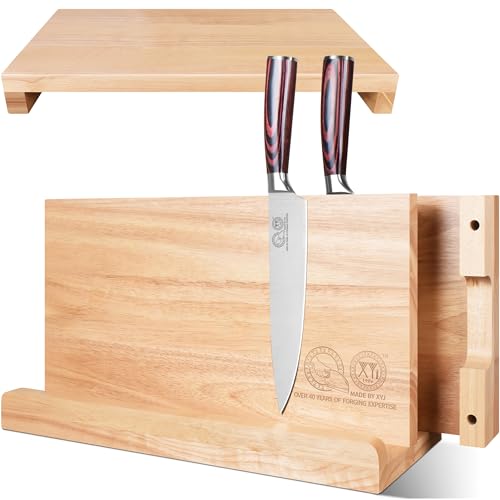 XYJ 3-in-1 Wooden Magnetic Knife Block Set – Powerful Magnet Knife Holder + 2 Chopping Boards, Space-Saving Countertop Organizer, Kitchen Cutlery Display Stand without Knives - color: light wood color, size: 16.5*8.5 inch with board