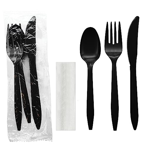 Party Essentials Individually Wrapped Plastic Cutlery Packets/Silverware Kits, Black Fork/Spoon/Knife/Napkin, 100 Sets - color: Black Fork/ Spoon/ Knife/ Napkin, size: 100 Sets