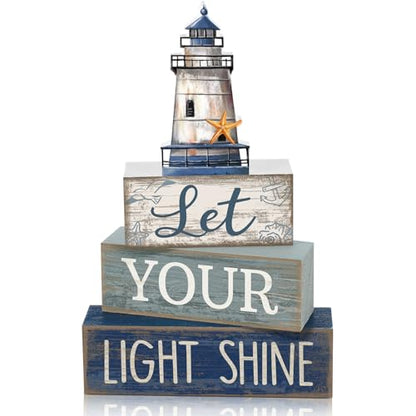 Lineshading 4 Pcs Beach Coastal Table Decor Wooden Lighthouse Decoration with Starfish Summer Tiered Tray Decor Blue and White Ocean Centerpieces Rustic Beach House Nautical Decorations for Home Shelf - style: Coastal