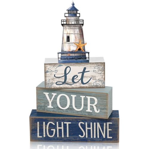 Lineshading 4 Pcs Beach Coastal Table Decor Wooden Lighthouse Decoration with Starfish Summer Tiered Tray Decor Blue and White Ocean Centerpieces Rustic Beach House Nautical Decorations for Home Shelf - style: Coastal