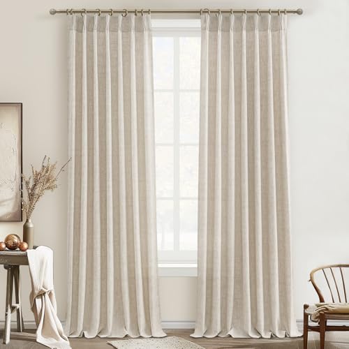 PleatedDrapes Light Filtering Curtains 100 Inches Long for Bedroom 2 Panels Set, Boho Pinch Pleat Natural Linen Blend Sheer Patio Door Curtain with Hooks Back Tab Large Windows Drapes Privacy 8-1/3 FT - color: Natural, size: 40"W x 100"L( Pack of 2)