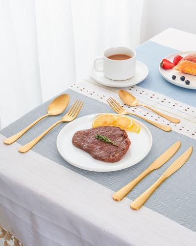 24-Pieces Matte Gold Silverware Set with Steak Knives,Stainless Steel Flatware Set,Cutlery Set Service for 6, Tableware Kitchen Utensil Set,Dishwasher Safe - color: Matte Gold, size: 24 Pieces Set