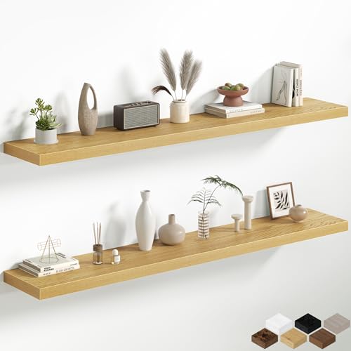 Fun Memories 66 Inch Floating Shelves, 12 Inch Deep Wall Shelf for Fireplace Mantel, Oak Deep Storage Shelves for Home & Office, Long Floating Shelf with Invisible Bracket, Set of 2 - color: Oak, size: 66 Inch, Set of 2