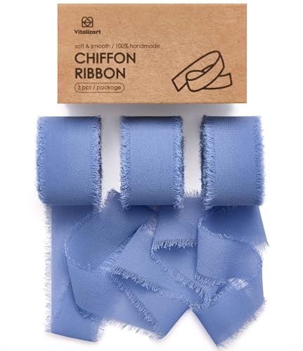 Vitalizart Dusty Blue Chiffon Silk Ribbon 1" x 21 Yd Fringe Fabric Package (3 Rolls * 7 Yd) for Wedding Invitations Bridal Bouquets Decorations Gifts Wrapping & Bow Making - color: Dusty Blue 3 Rolls