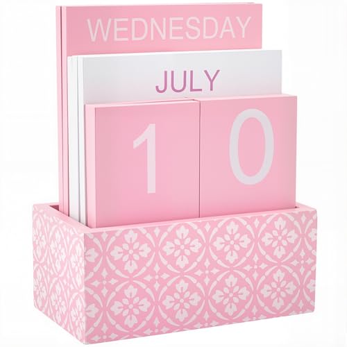 CRASPIRE Vintage Wood Block Perpetual Calendar Daily Desktop Calendar Pink Wooden Desk Calendar Month Week Date Display Blocks Rustic Farmhouse for Desk Office Home Rustic Decoration
