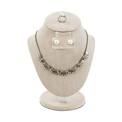 MOOCA Linen Covered Wood Jewelry Display Necklace Chain Jewelry Bust Stand, Necklace Display Mannequin Bust, 8 7/8" in Height, Tan Linen - color: Tan Linen