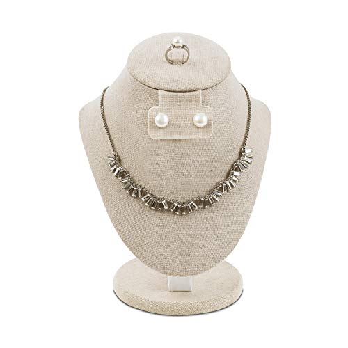 MOOCA Linen Covered Wood Jewelry Display Necklace Chain Jewelry Bust Stand, Necklace Display Mannequin Bust, 8 7/8" in Height, Tan Linen - color: Tan Linen