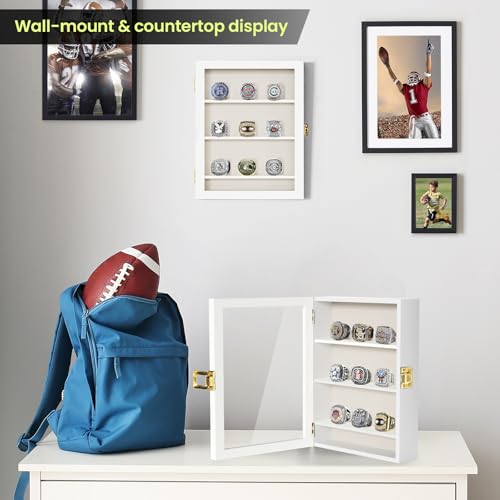 TJ.MOREE Championship Ring Display Case, 9 Ring Posts Baseball Ring Display Case, 8 x 10 Wall Mount Wooden Glass Shadow Box with Locks to Show Sport, Class, Fraternity, and Award Rings - White - color: 9 Posts-white-rectangle