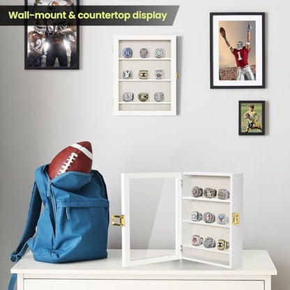 TJ.MOREE Championship Ring Display Case, 9 Ring Posts Baseball Ring Display Case, 8 x 10 Wall Mount Wooden Glass Shadow Box with Locks to Show Sport, Class, Fraternity, and Award Rings - White - color: 9 Posts-white-rectangle