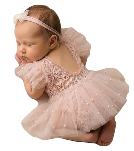 Zeroest Newborn Photography Outfits Girl Lace Romper Newborn Photography Props Rompers Baby Girls Skirt Photoshoot 3 PCS - color: Pink-short Sleeve