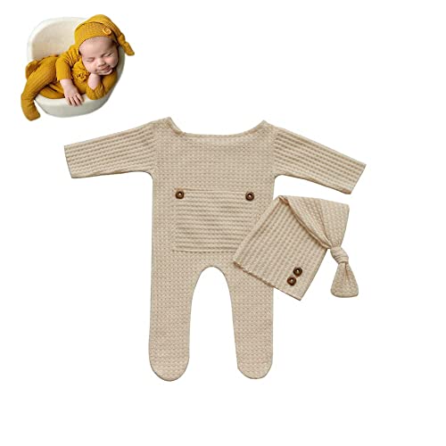 Coberllus Newborn Photography Props Outfit Fabric Sleepy Knot Hat & Footed Romper Bodysuit for Baby Boys Girls Photoshoot - color: Beige