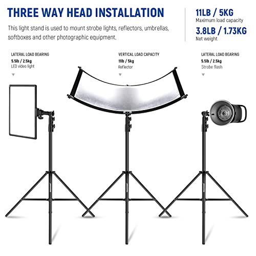 NEEWER 8.5ft/2.6m Air Cushioned Light Stand, Heavy Duty Metal Photography Tripod Stand with 1/4" to 3/8" Reversible Spigot, 3 Way Mounting Interface & Metal Locking Knobs, Max Load 5.5lb/2.5kg - size: 260cm