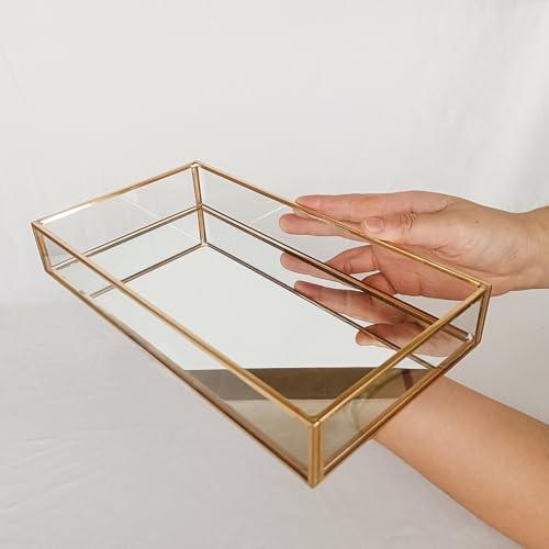 HighFree Rectangle Gold Mirror Tray, Decorative Glass Mirrored Vanity Tray for Perfume, Cosmetics, Makeup, Trinket, Jewelry (10.2X 5.5x1.6) - size: 10.2" x 5.5" x 1.6"