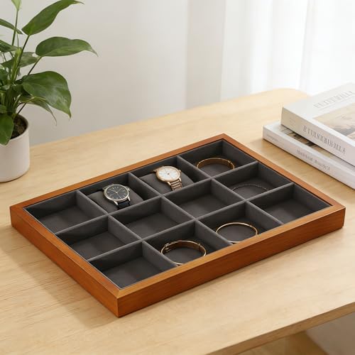 Wood Flat Jewelry Tray 12 Grid Display Wood Divided Organizer Stackable Display Tray Bracelet Bangle Organizer Bracelet Tray for Rings Earrings Storage Display (13.78"L x 9.45"W x 1.18"H) Grey - color: Gray, size: Bracelet Tray-W 9.45" x H 1.18"x L 13.78"
