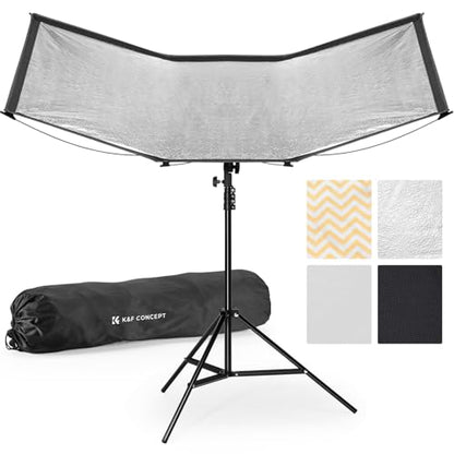 K&F CONCEPT Curved Reflector, Quick-Open Clamshell Light Reflector with Stand & Carrying Bag – 48"x26" U-Shape Photography Diffuser for Studio Portrait & Video Shooting, 4-in-1 Black/White/Silver/Gold