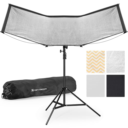 K&F CONCEPT Curved Reflector, Quick-Open Clamshell Light Reflector with Stand & Carrying Bag – 48"x26" U-Shape Photography Diffuser for Studio Portrait & Video Shooting, 4-in-1 Black/White/Silver/Gold