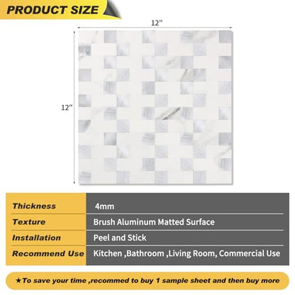 Yipscazo Peel and Stick Backsplash Tile, Stick on Stainless Steel Backsplash Metal Tiles for Kitchen Walls in Marble White Mixed Metal (12''x12'',10 Sheets) - color: Marble White mixed Metal