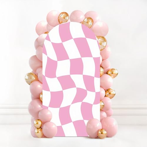 6.6FT Wedding Arch Backdrop Cover Wavy Checkered Pink White Graphic Retro Seamless Spandex Fitted Fabric Round Top Stretchy Stand Covers for Baby Shower Birthday Party Decoration - color: Color1, size: 6.6x3.3 FT