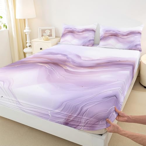 Erosebridal Glitter Purple Marble Fitted Sheet Full, Lavender Marbling Bed Sheets for Boys Girls Watercolor Tie Dye Marbling Bed Set Minimalist Wind Marble Texture Sheets with 2 Pillowcases - color: Pale Purple, size: Full(No Top Sheet)