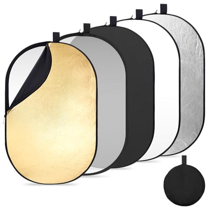 K&F CONCEPT 40" x60”(100x150cm) 5-in-1 Oval Foldable Reflector with Carrying Bag, Gold, Silver, Black, White Reflective Fabric and Translucent Soft Fabric for Studio Lighting - size: 100x150cm