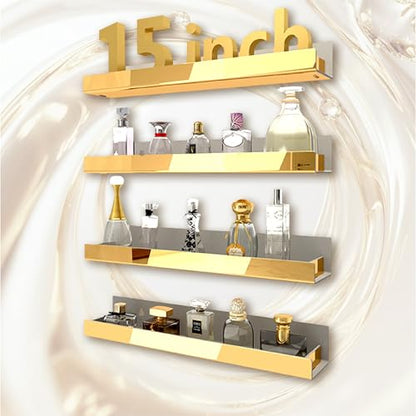 4 Pack 15 Inch Gold Reflective Acrylic Shelves, Gold Foating Shelves, Modern Sunglasses Essential Oil Picture Ledge Display Toy Storage Shelf - color: 15in-gold Mirror